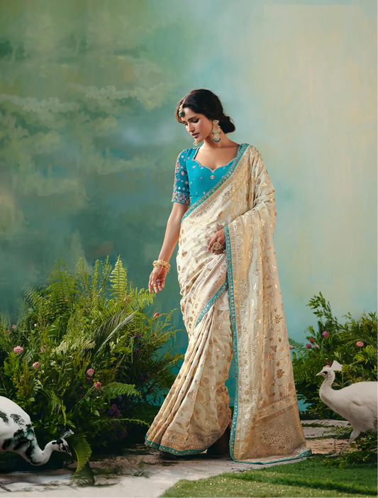 Antique White Dola Silk Saree With Embroidery Work Blouse