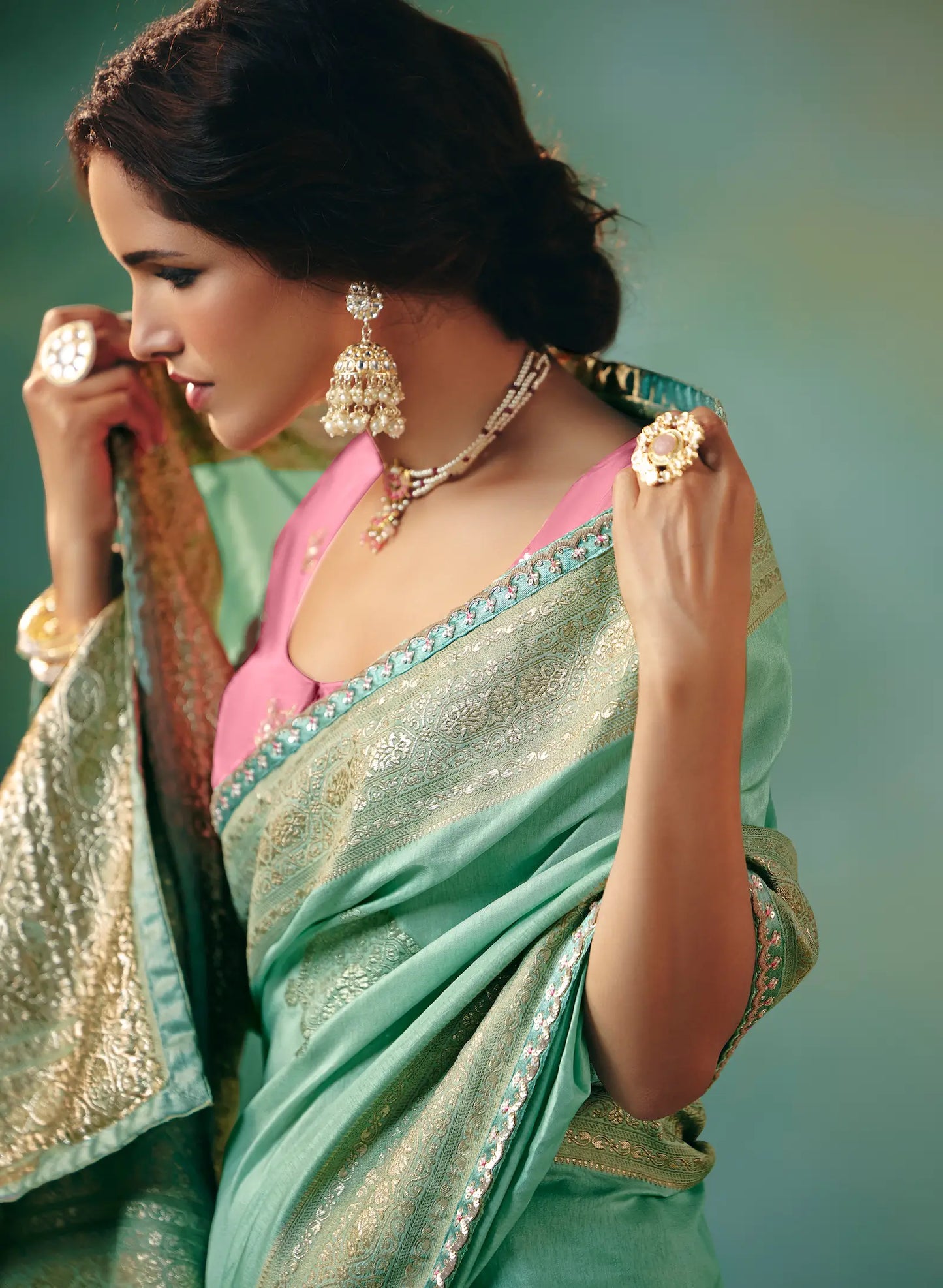 Sea Green Dola Silk Saree With Embroidery Work Blouse