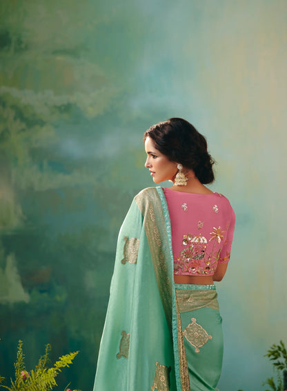 Sea Green Dola Silk Saree With Embroidery Work Blouse
