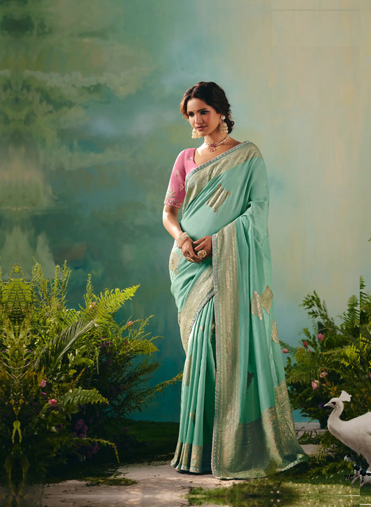 Sea Green Dola Silk Saree With Embroidery Work Blouse