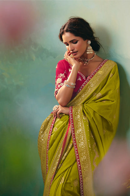 Olive Green Dola Silk Saree With Embroidery Work Blouse