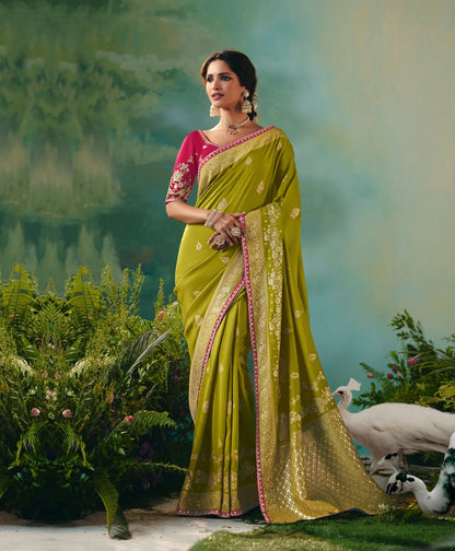 Olive Green Dola Silk Saree With Embroidery Work Blouse