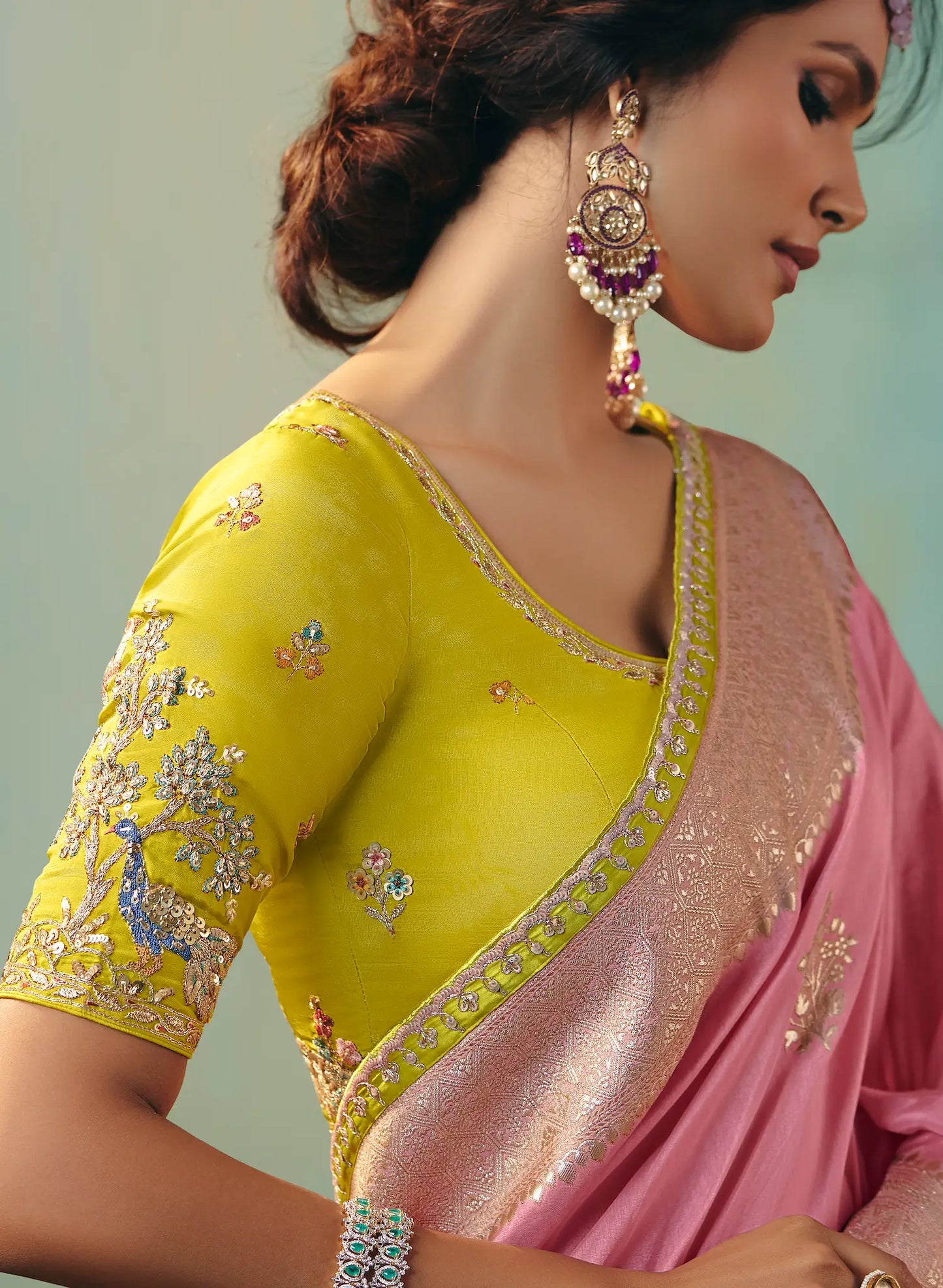 Salmon Pink Dola Silk Saree With Embroidery Work Blouse