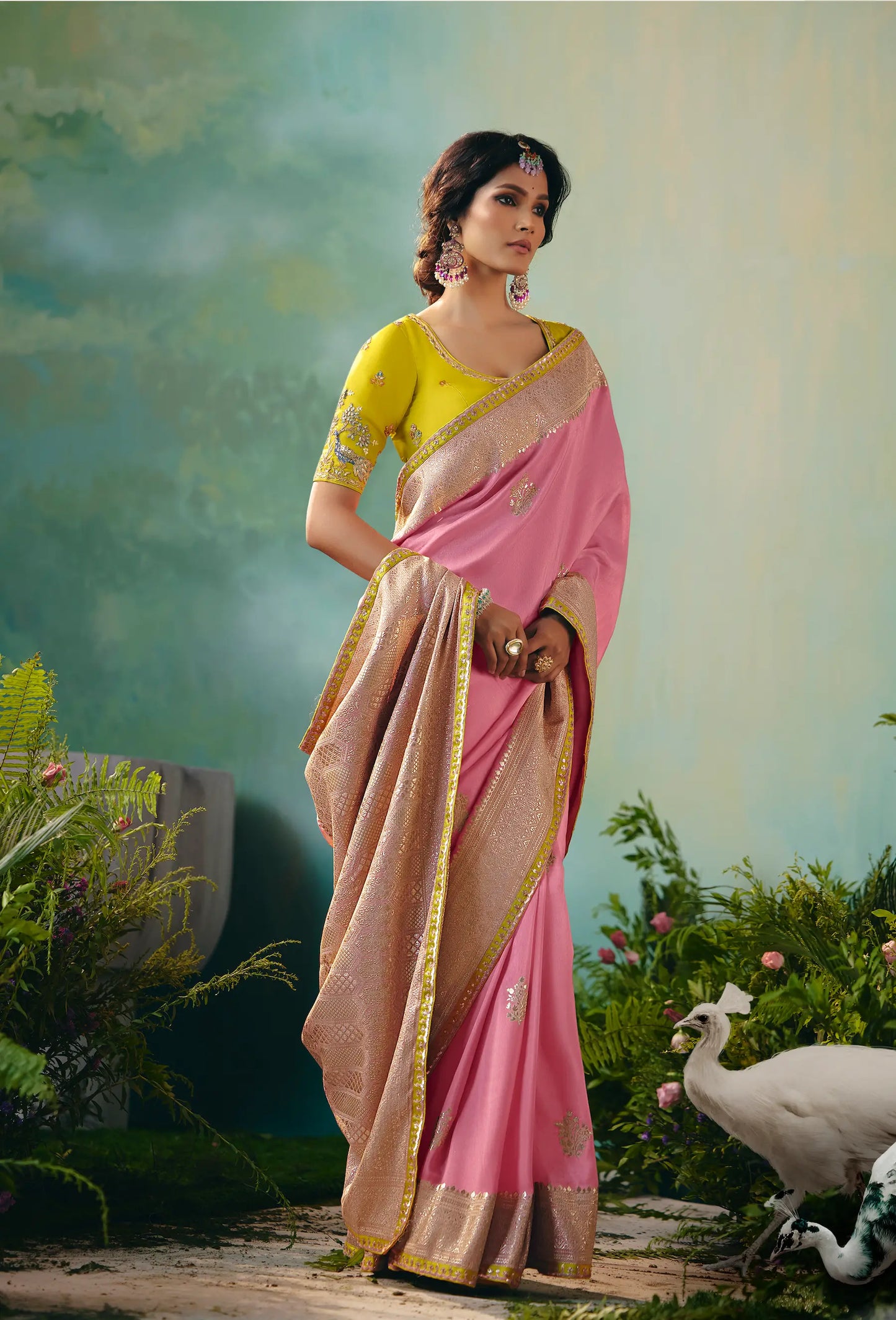 Salmon Pink Dola Silk Saree With Embroidery Work Blouse