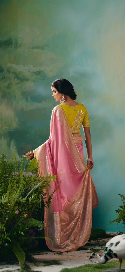 Salmon Pink Dola Silk Saree With Embroidery Work Blouse