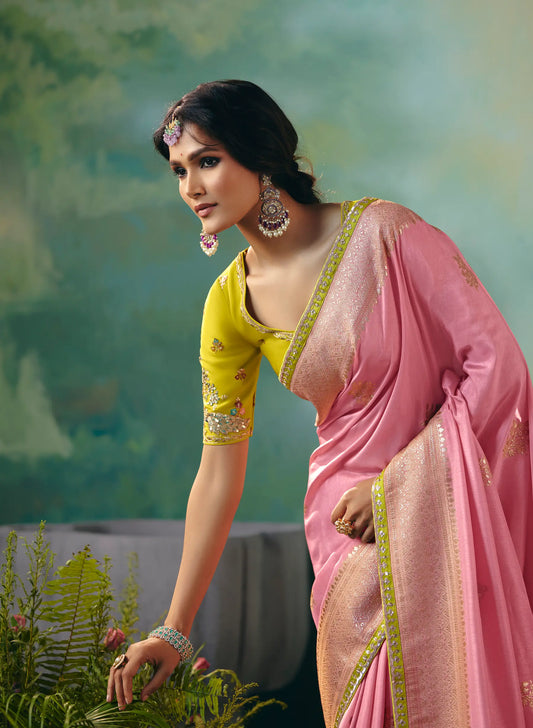 Salmon Pink Dola Silk Saree With Embroidery Work Blouse