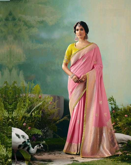 Salmon Pink Dola Silk Saree With Embroidery Work Blouse