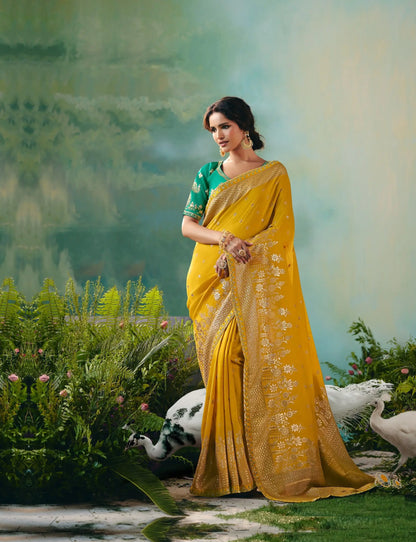 Mustard Dola Silk Saree With Embroidery Work Blouse