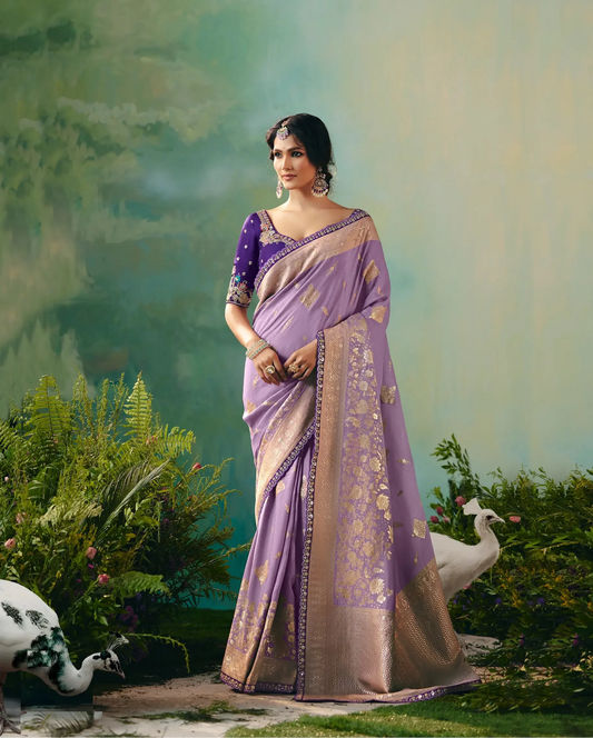 Dark Lilac Dola Silk Saree With Embroidery Work Blouse