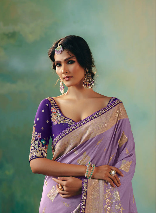 Dark Lilac Dola Silk Saree With Embroidery Work Blouse