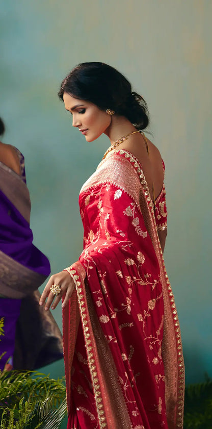 Rose Red Dola Silk Saree With Embroidery Work Blouse