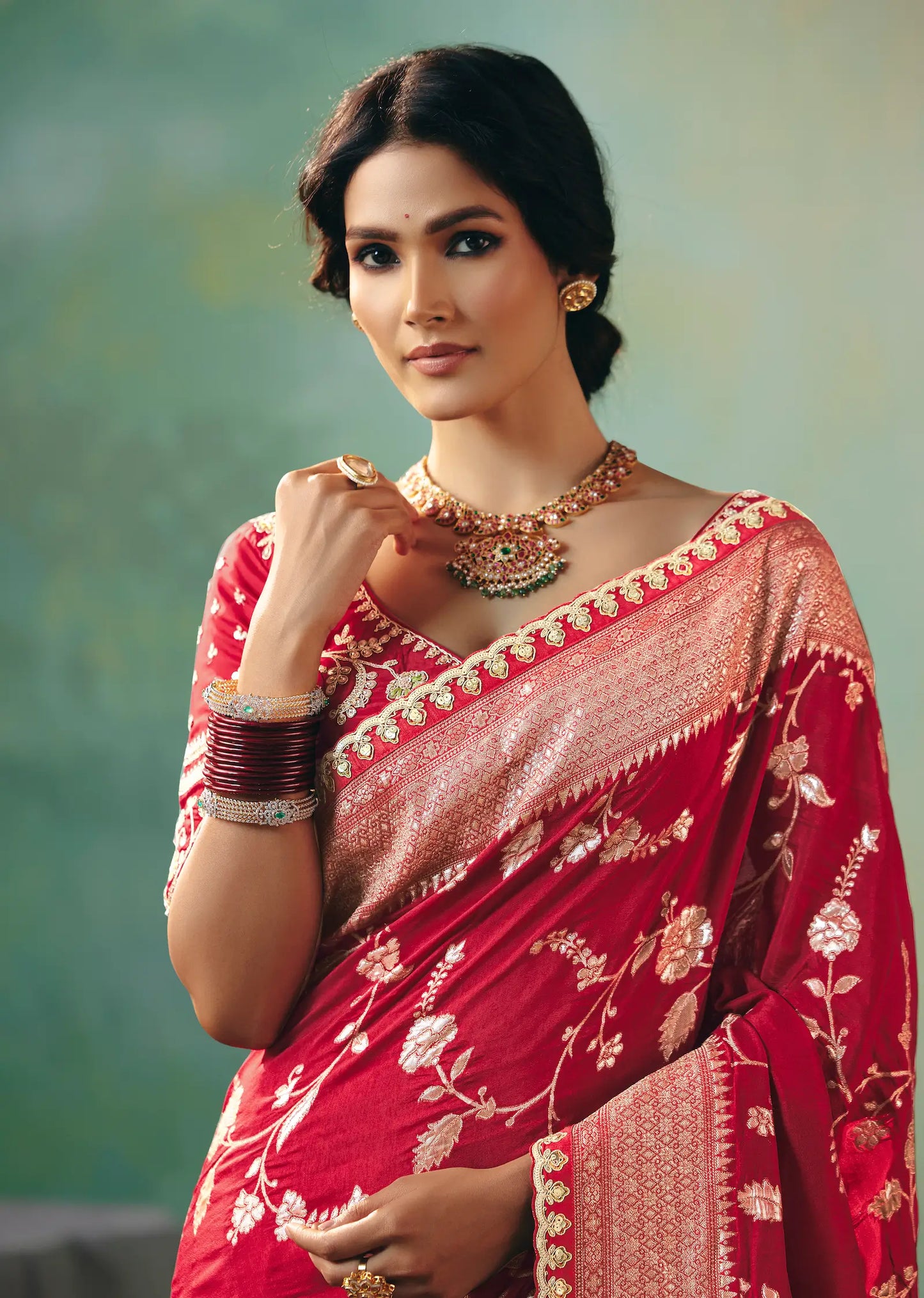 Rose Red Dola Silk Saree With Embroidery Work Blouse