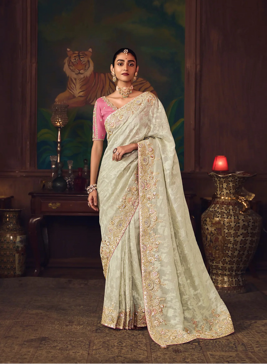 Off White Heavy Embroidery & Handwork Silk Saree