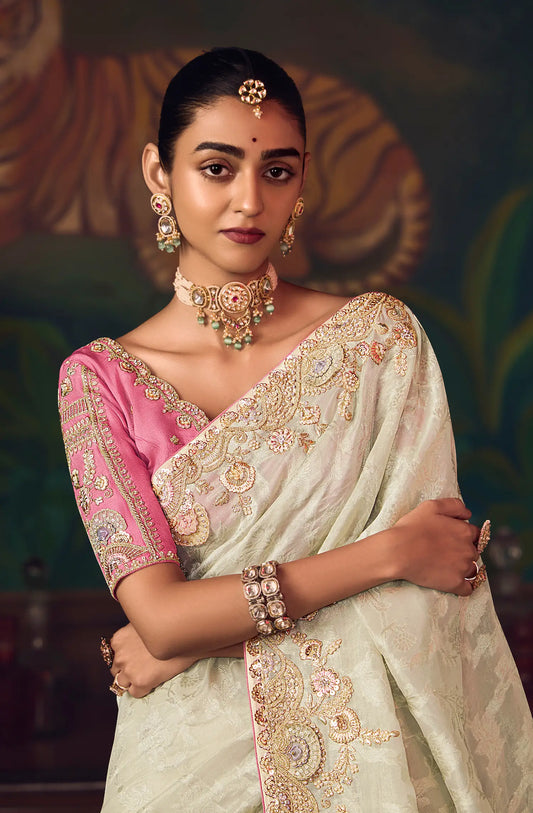 Off White Heavy Embroidery & Handwork Silk Saree