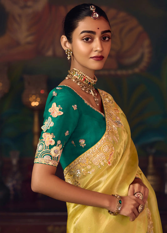Classic Yellow Heavy Embroidery & Handwork Silk Saree