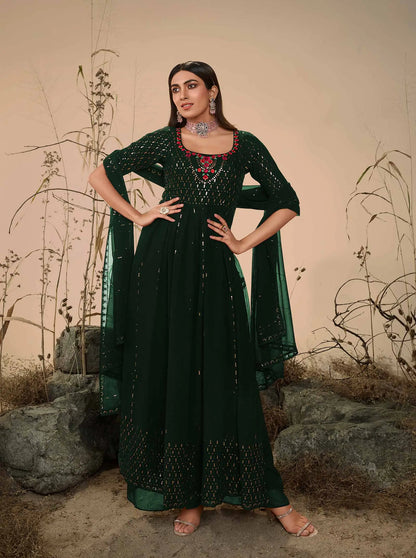 Dark green Georgette Palazzo Salwar Suit With Thread Sequins Embroidery Work