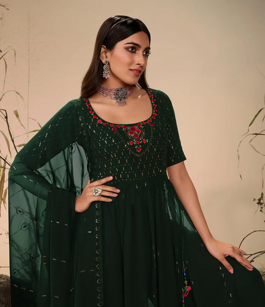 Dark green Georgette Palazzo Salwar Suit With Thread Sequins Embroidery Work