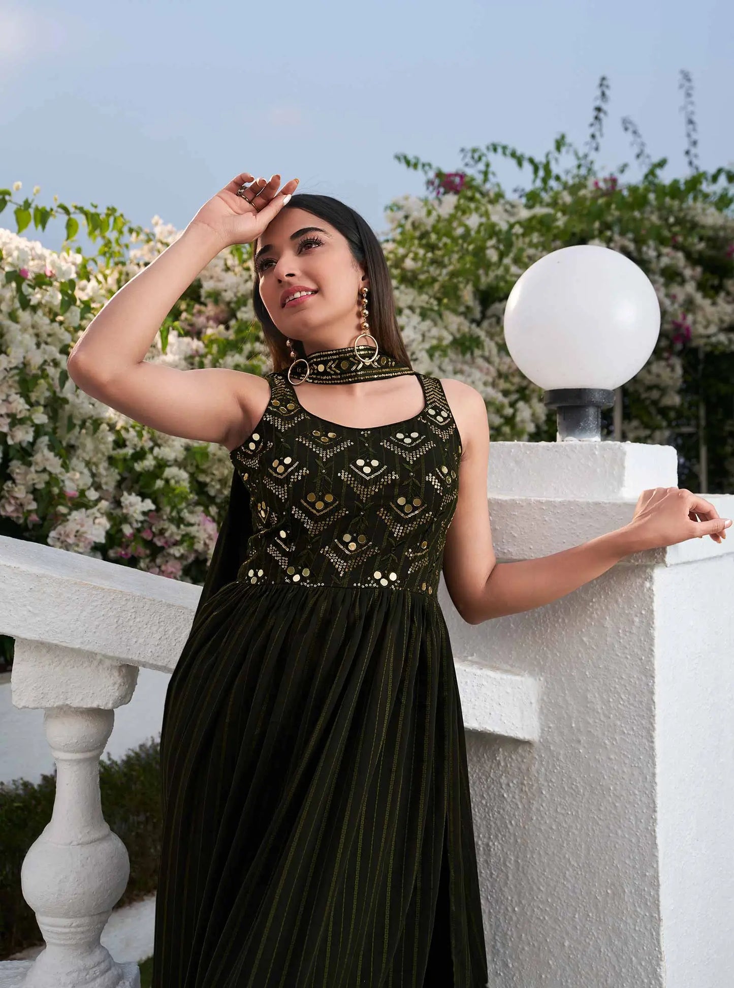 Olive green Georgette Palazzo Salwar Suit With Thread And Sequins Embroidered Work