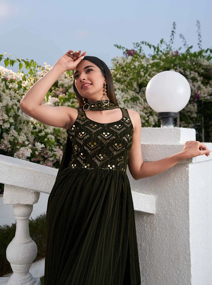 Olive green Georgette Palazzo Salwar Suit With Thread And Sequins Embroidered Work