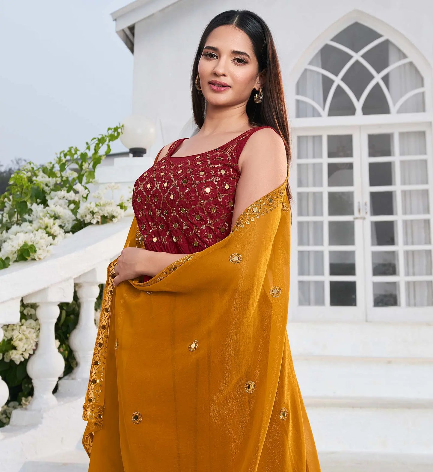 Red Georgette Palazzo Salwar Suit With Thread And Sequins Embroidered Work