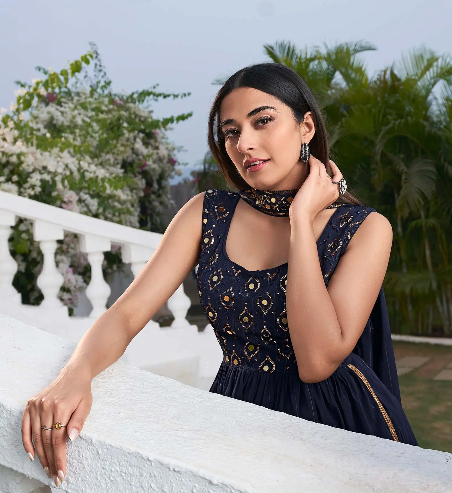 Blue Georgette Palazzo Salwar Suit With Thread And Sequins Embroidered Work