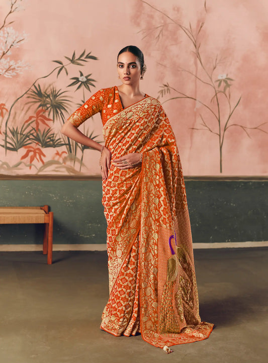 Burnt Orange Georgette Bandhej Weaving Saree
