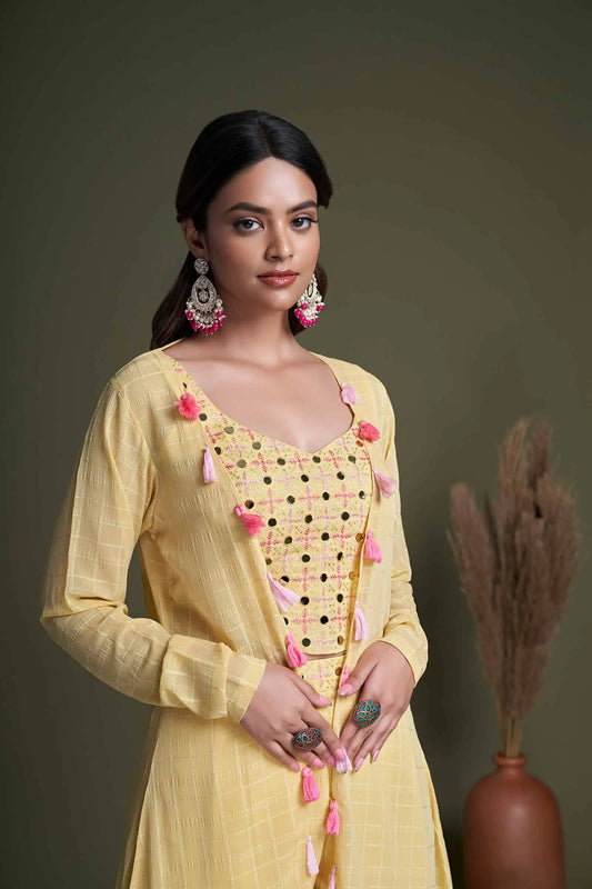 Yellow Weaving Georgette Embroidery Work Co-ord Set