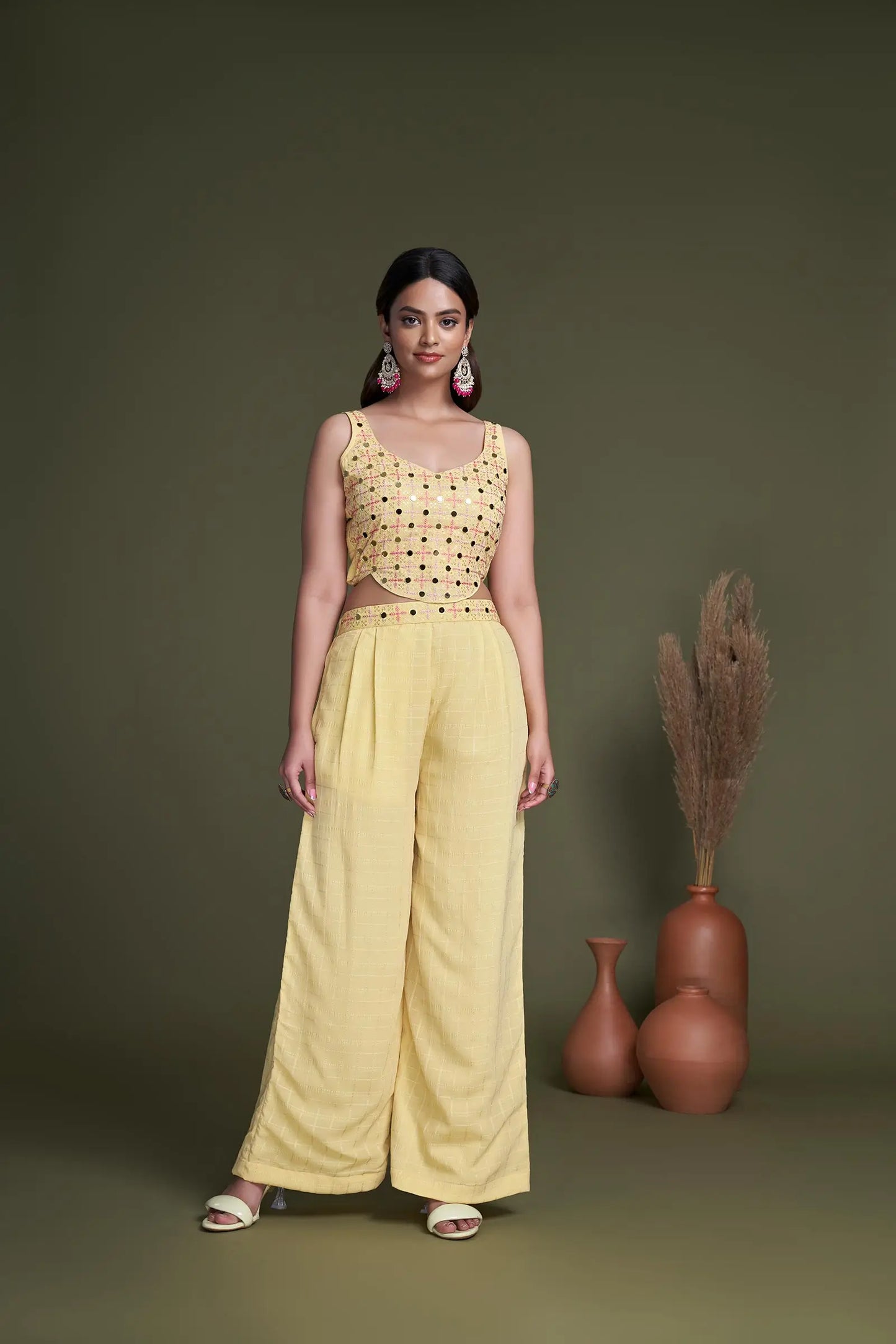 Yellow Weaving Georgette Embroidery Work Co-ord Set