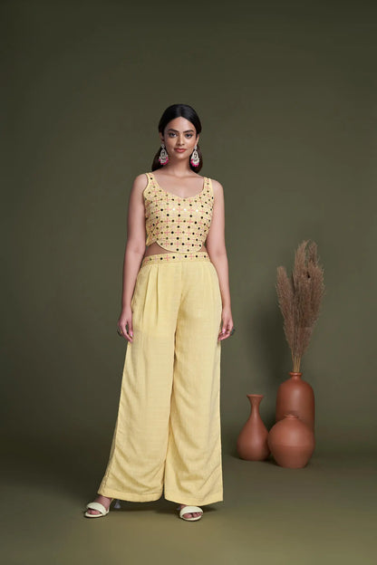 Yellow Weaving Georgette Embroidery Work Co-ord Set