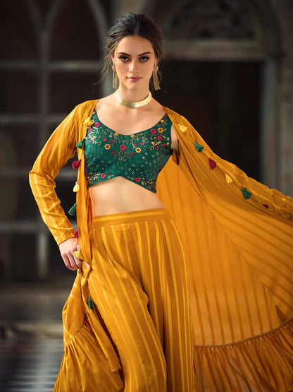 Green Yellow Georgette Embroidery Work Co-ord Set