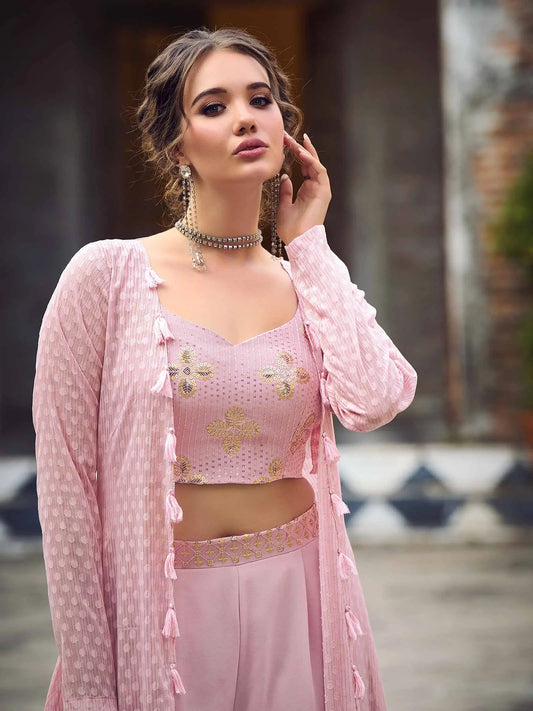 Dusty Pink Georgette Embroidery Work Co-ord Set