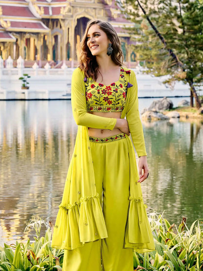 Florescence Yellow Georgette Embroidery Work Co-ord Set