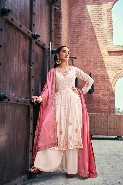 Chiku Pink  Georgette Palazzo Salwar Suit With Thread And Sequins Embroidered Work