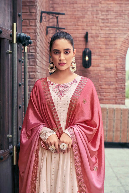 Chiku Pink  Georgette Palazzo Salwar Suit With Thread And Sequins Embroidered Work