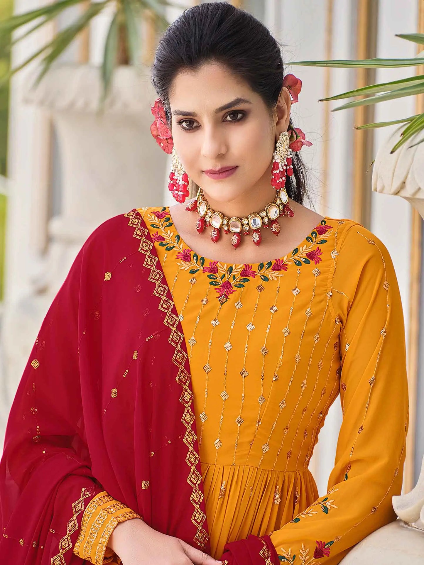 Mustard Yellow  Georgette Palazzo Salwar Suit With Thread And Sequins Embroidered Work