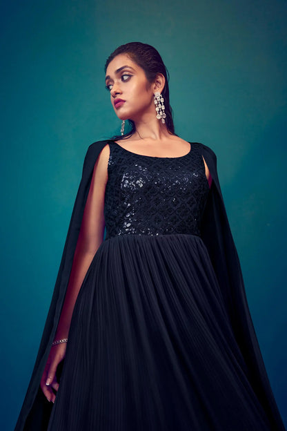 Navy Blue Georgette Designer Gown With Sequins Work