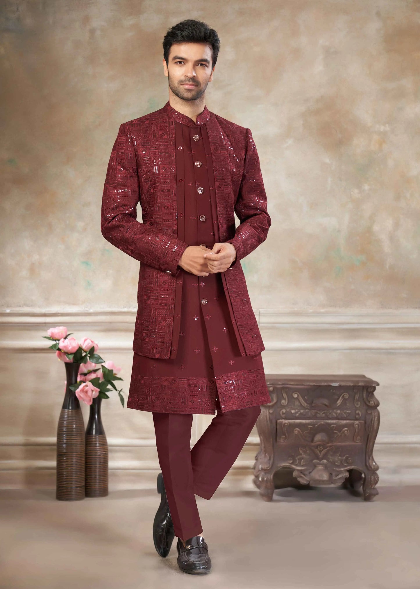 Maroon Sequins Embroidery Work Indo Western