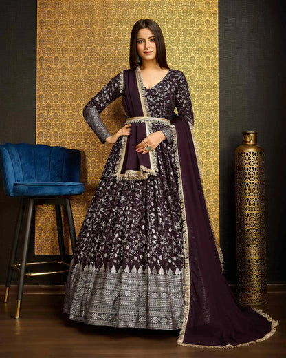 Purple Georgette Metalic Foil Work Gown With Dupatta