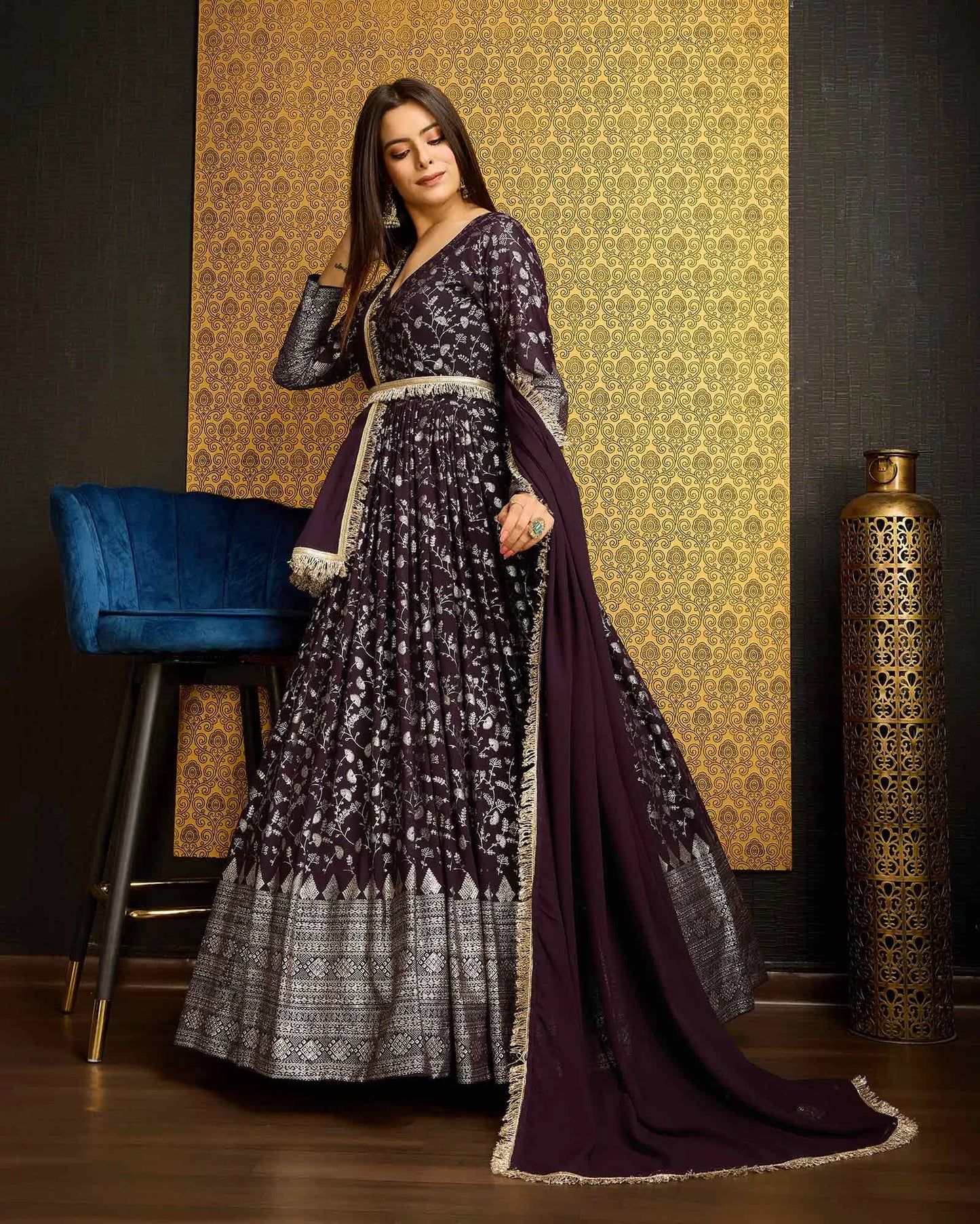 Purple Georgette Metalic Foil Work Gown With Dupatta