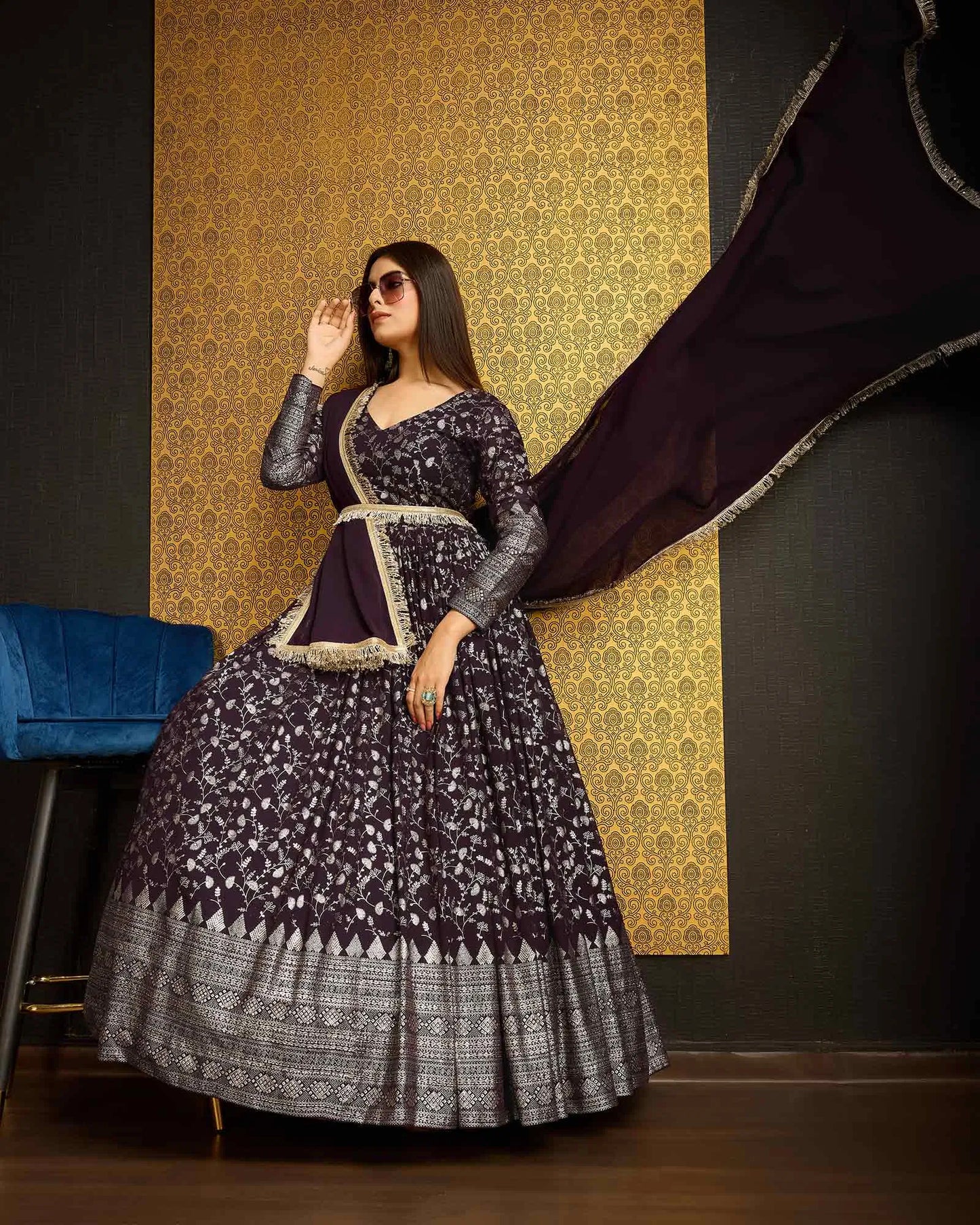 Purple Georgette Metalic Foil Work Gown With Dupatta