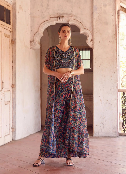 Navy Blue Georgette Hand Embroidered Work Stylish Indo Western Sharara Cap Set