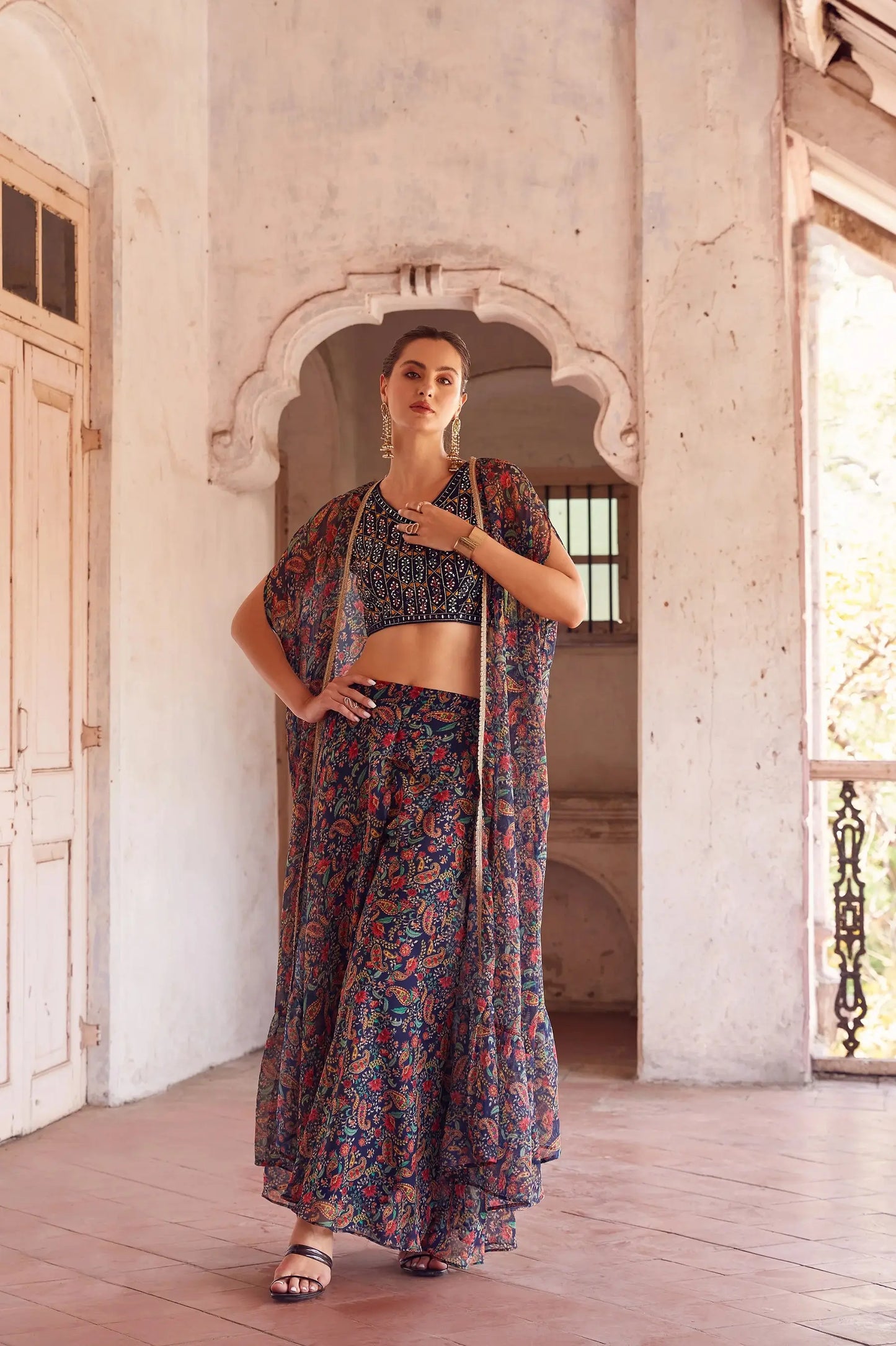 Navy Blue Georgette Hand Embroidered Work Stylish Indo Western Sharara Cap Set