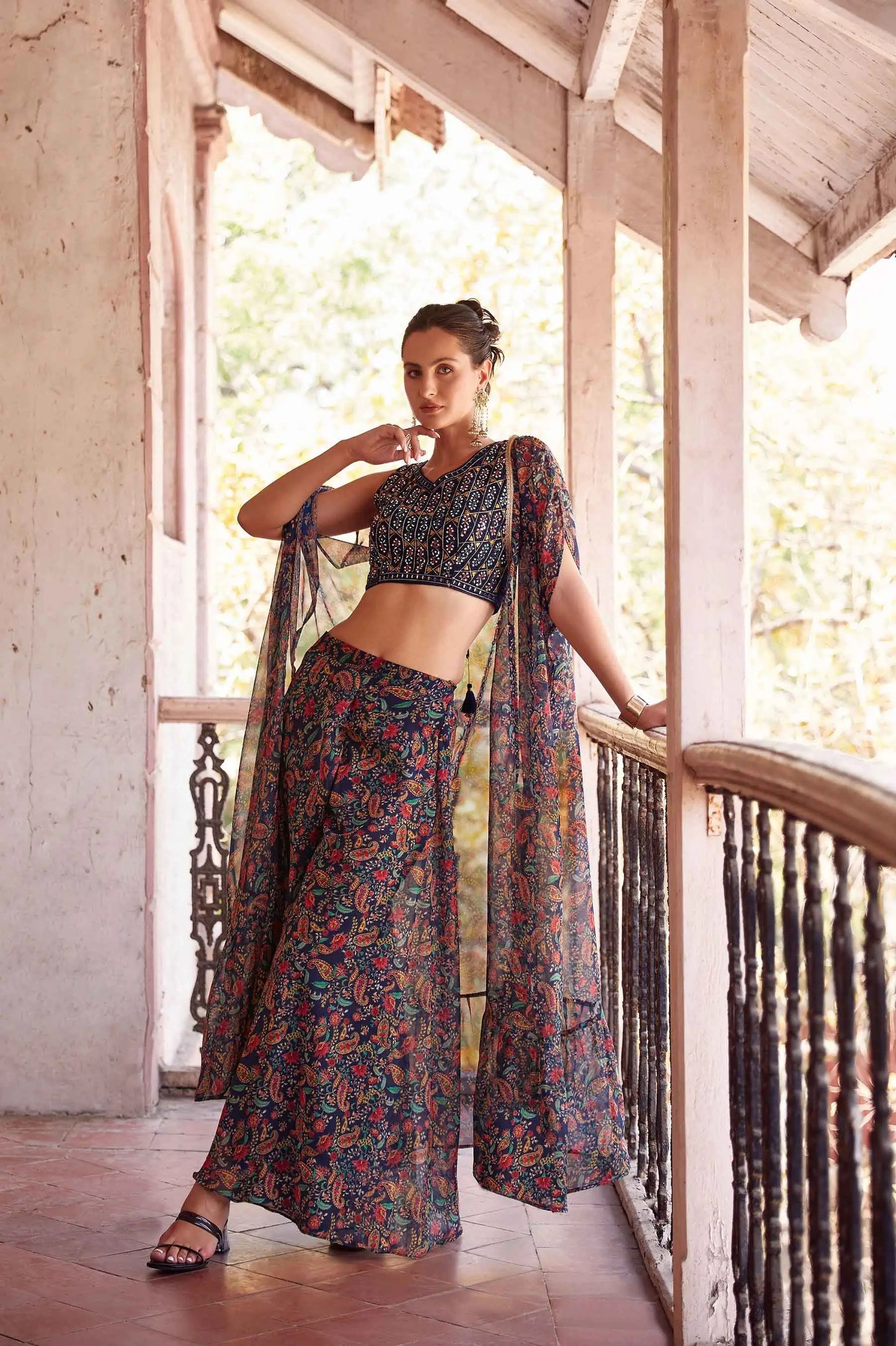 Navy Blue Georgette Hand Embroidered Work Stylish Indo Western Sharara Cap Set