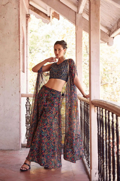 Navy Blue Georgette Hand Embroidered Work Stylish Indo Western Sharara Cap Set