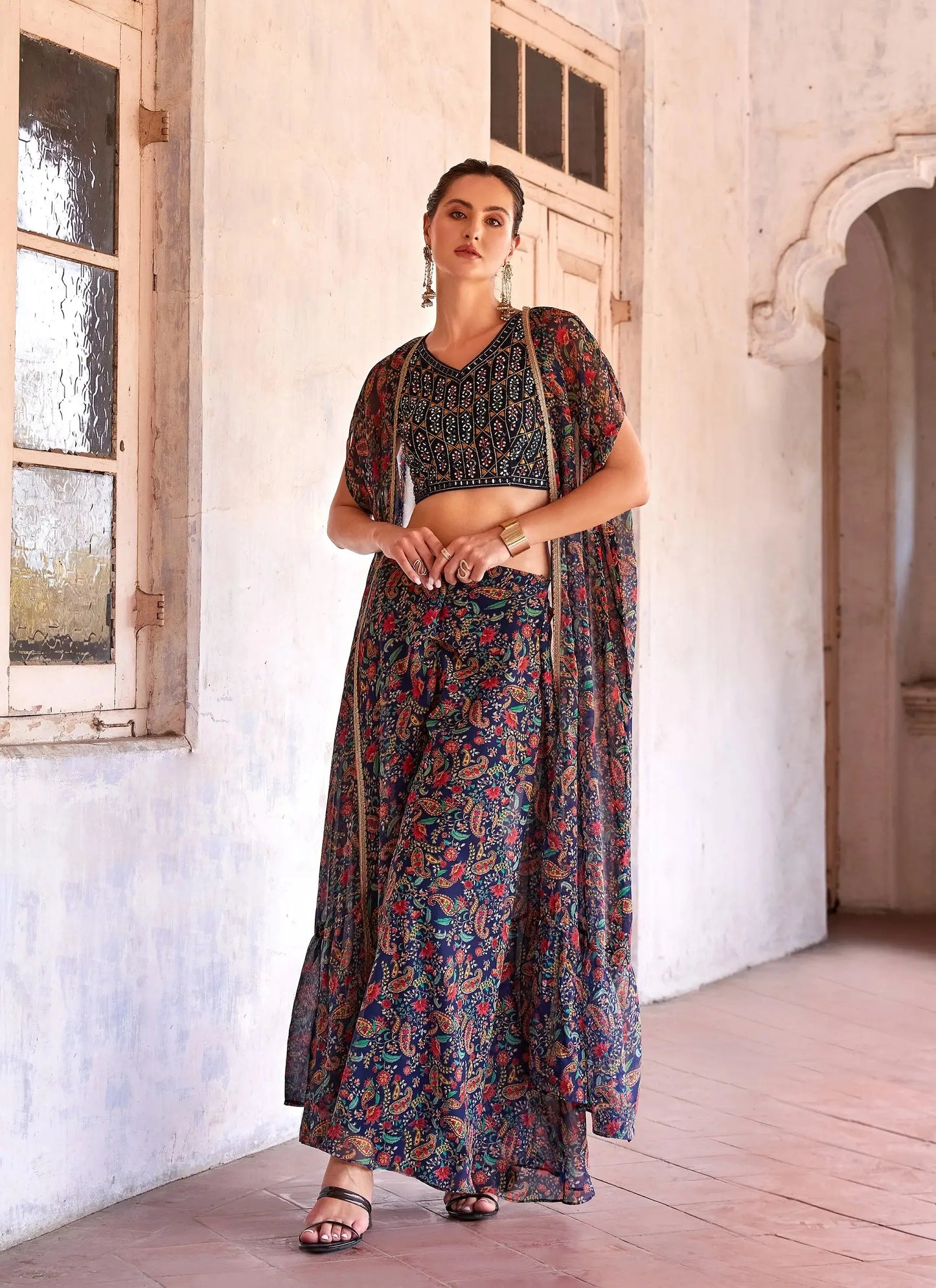 Navy Blue Georgette Hand Embroidered Work Stylish Indo Western Sharara Cap Set