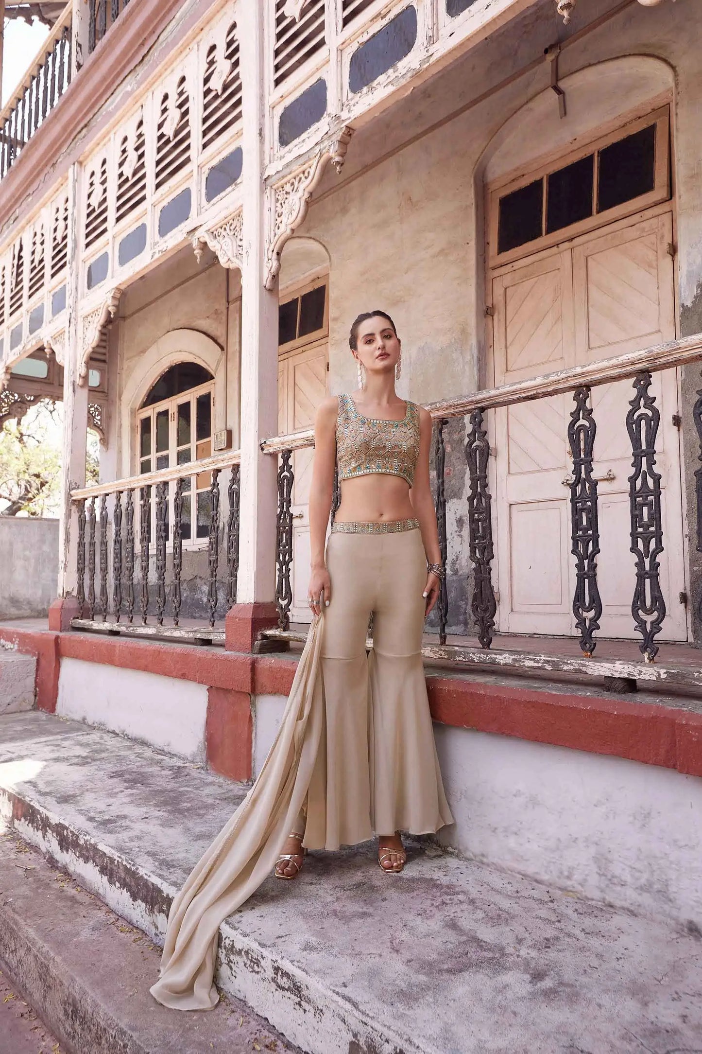 Chiku Hand Embroidered Work Stylish Indo-Western Jacket and Sharara Set