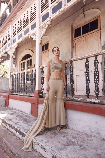 Chiku Hand Embroidered Work Stylish Indo-Western Jacket and Sharara Set