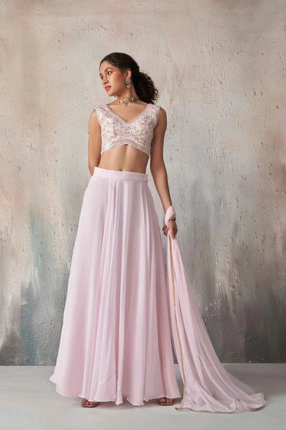 Soft Light pink Georgette Hand Work Indo Western lehenga Set With Dupatta