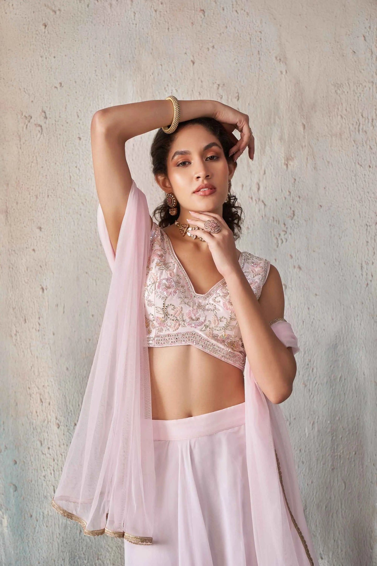 Soft Light pink Georgette Hand Work Indo Western lehenga Set With Dupatta