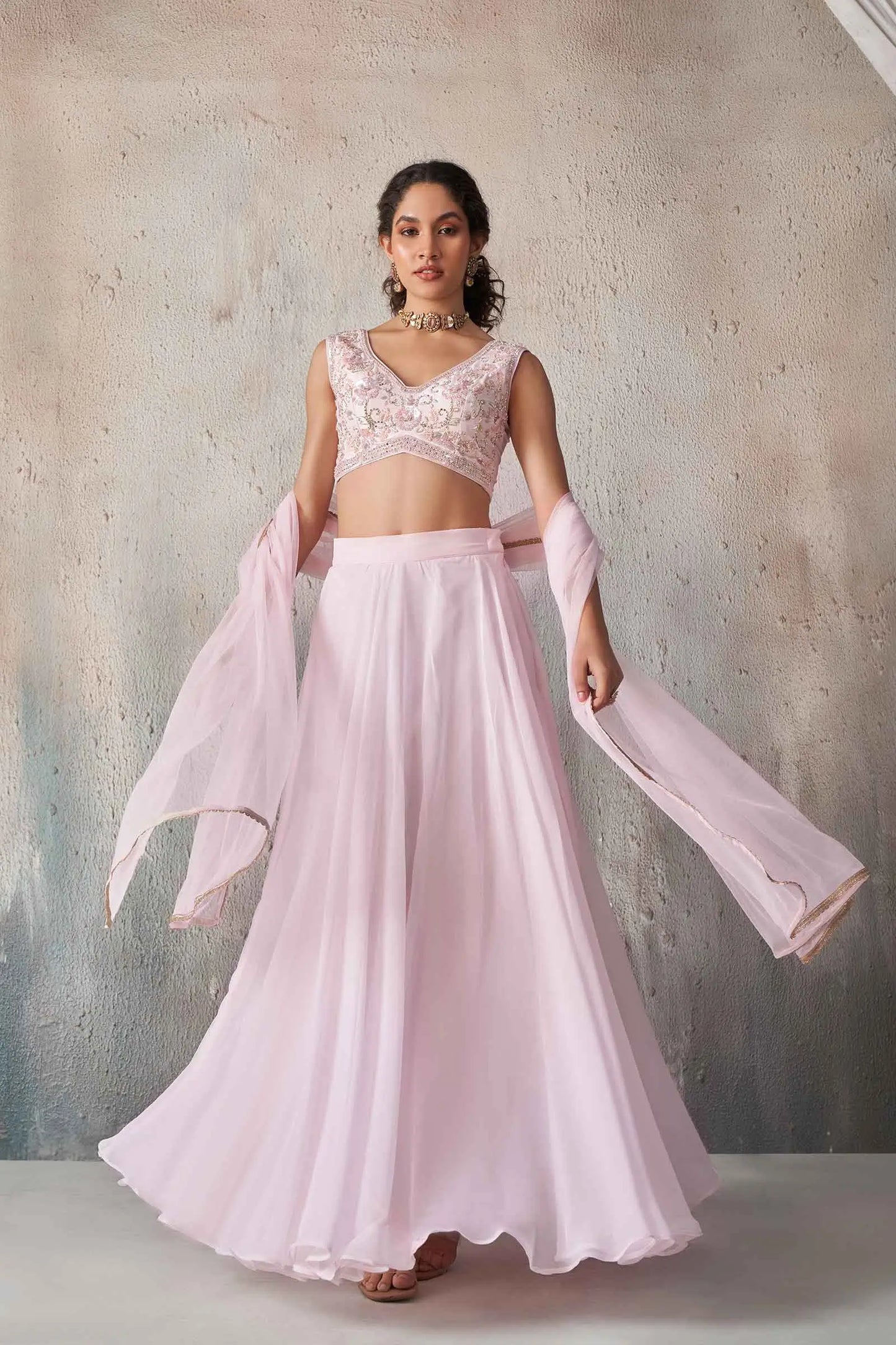 Soft Light pink Georgette Hand Work Indo Western lehenga Set With Dupatta